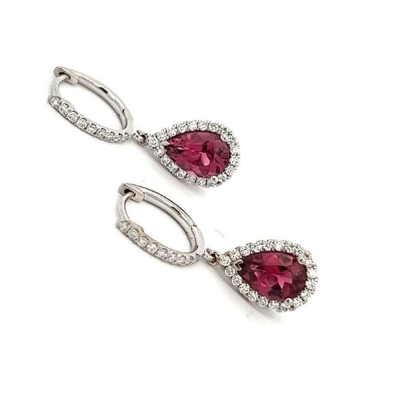 Diamond Rubellite Tourmaline Drop Earrings 18k W Gold 2.93 TCW Certified 210764 - Picture 11 of 13